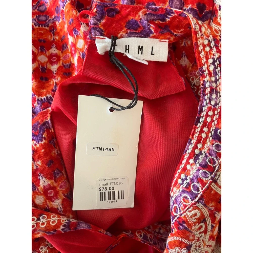 THML Orange Purple Ikat Embroidered Halter Shift Dress Small Boho NEW‎